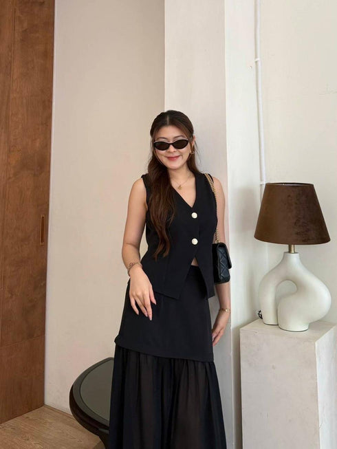 V-neck Sleeveless Blouse With Skirts Sets